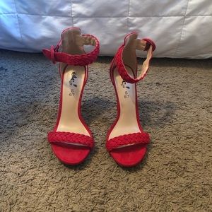 Red Suede Braided Ankle Strap Open Toe Heels